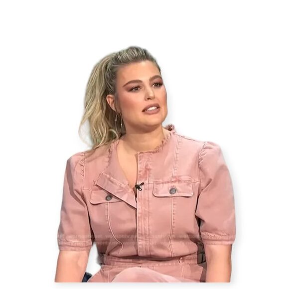 Mauby Blush Pink Puff Sleeve Denim Jumpsuit Small NWT Adjustable Belt - Picture 2 of 16